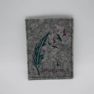 Weihnachtsgeschenk Impfpasshülle, Schutzhülle für den Impfpass bestickt "Feder" aus Filz für Frauen, Erwachsene,