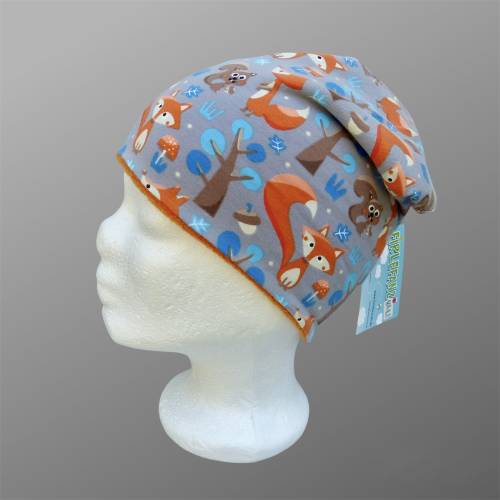 Warme Kinder-Winter-Mütze, Long-Beanie Fuchs, orange, Jersey mit Fleece gefüttert, Gr 49/50/51/52cm (1 bis 3 LJ)