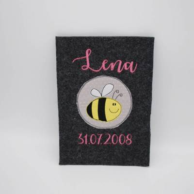 Geschenk Geburt Baby U-Heft, Uhefthülle aus Filz bestickt personalisiert "Biene" mit Namen und Datum Weihnachten