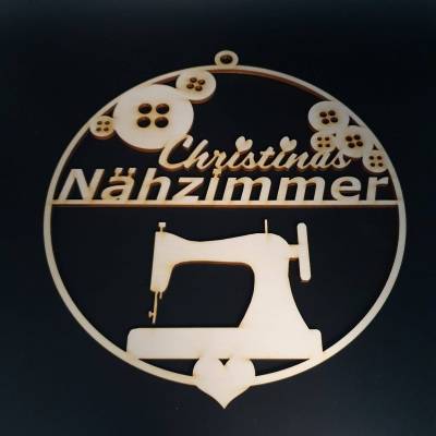 Türschild "Nähzimmer" mit Knöpfen und Nähmaschine,  individualisiert