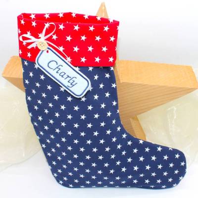 Nikolausstiefel dunkelblau rot Sterne mit Namen personalisiert / Stiefel Nikolaus Stoff / Nikolaussocke