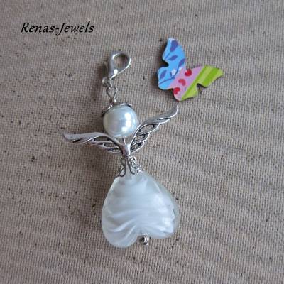 Schutzengelanhänger mit Lampwork Glas Herz weiß silberfarben Schutzengel Anhänger Engel Talisman Glücksbringer