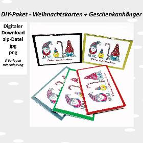 Weihnachtskarten & Geschenkanhänger mit Wichtel, digitale Bastelvorlage mit Anleitung 