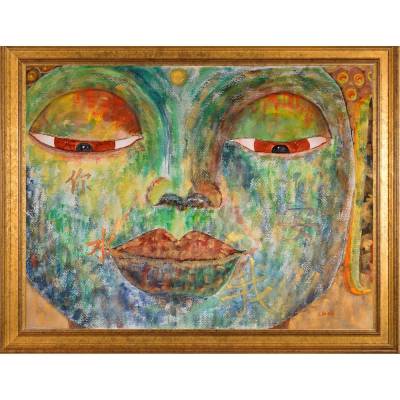 Blick des Buddha - Original Aquarellmalerei, gerahmtes Unikat