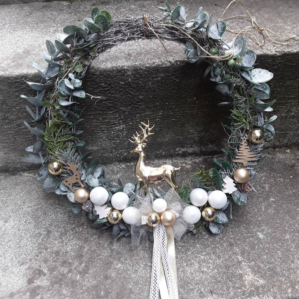 MODERNER TÜRKRANZ KRANZ gold weiss Advent Weihnachten Eukalyptus Elch Hirsch
