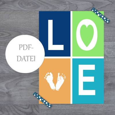 LOVE Footprint Newborn (0-3 Mon) - PDF-Datei zum SELBST DRUCKEN bis DIN A3 (personalisierbar) blau
