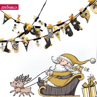 Adventskalender Panel Happy Christmas Mix von Steinbeck - ocker und schwarz - 1,45 x 1,45 m - Webware