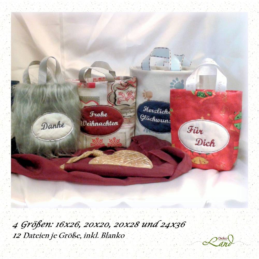 ITH Stickdatei Geschenktasche Set – In 4 Größen, Mit Sprüchen & Doodle-/Satinborte Bild 1