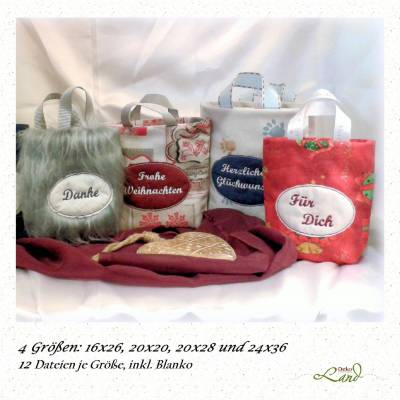 ITH Stickdatei Geschenktasche Set – In 4 Größen, Mit Sprüchen & Doodle-/Satinborte