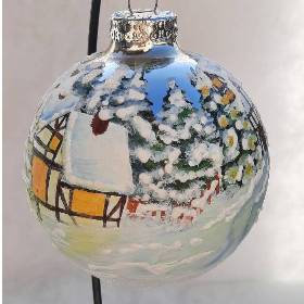Christbaumkugel/ Weihnachtskugel aus Glas 8cm mit wunderschönem winterlichem Landschaftsmotiv