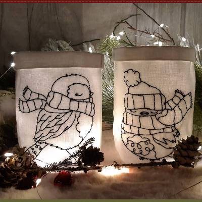 ITH Winter Vögel Lichtbeutel Stickdatei, Maschinenstickerei Winter Weihnachten,13x18 Rahmen, 6 Vögel + Blanko