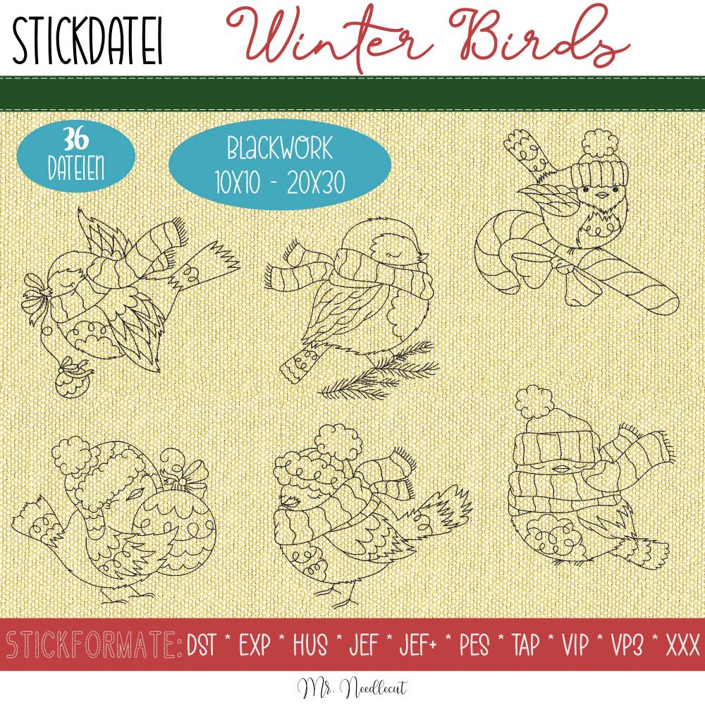 Digitale Stickdatei Winter Birds Blackwork 10x10 - 20x30 (4x4 - 8x12") Bild 1