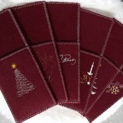 Bestecktaschen 6er Weihnachtsset Rot oder Grün – Handgemachte Filz-Taschen mit Stickerei