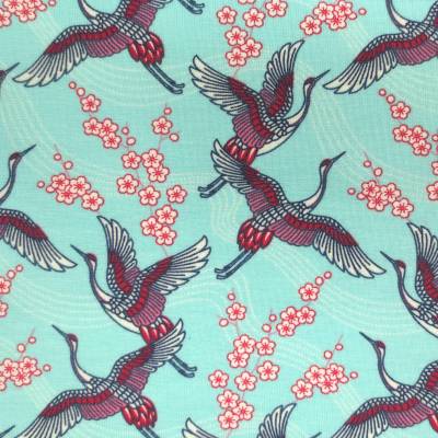 Jersey Kraniche - 16,50 EUR/m - mint - Kirschblüten - Japan