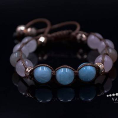 Damen Armband aus Edelsteinen Aquamarin Sonnenstein Quarz Hämatit und Cubic Zirkonia, Makramee Armband, LIMITED EDITION