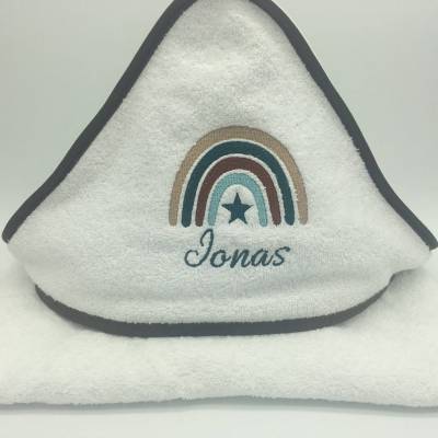 Kapuzenbadetuch Baby Kind Regenbogen personalisiert Mädchen Junge 4 Farben rosa grau mint weiß Kapuzenhandtuch 100x100