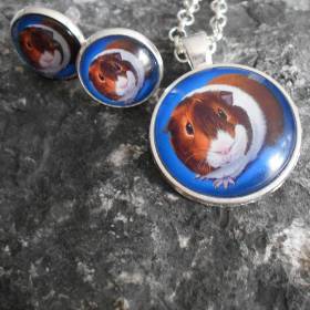 Schmuckset Meerschweinchen – Versilberte Cabochon Kette & Ohrstecker Rund
