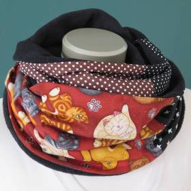 Katzen Loop Damen 4+ Varianten braun bunt Schal Fleece Patchwork Einzelstück Loopschal