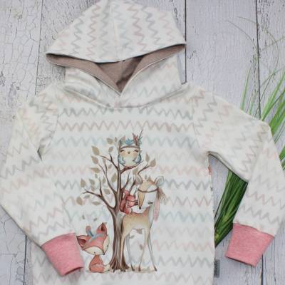 Mädchen Hoodie Waldtiere Bild aus French Terry Pullover Kapuzenpullover ecru/rosa/beige Gr. 92-110