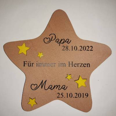 Erinnerung an Mama/Papa oder andere Verstorbene, Geschenk für Angehörige, individuelles Trauergeschenk, Stern aus Holz,