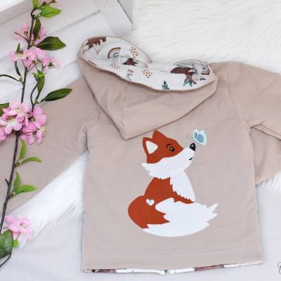 Sweatjacke Größe 86 Unisex – Fuchs Stickmotiv, Beige/Sand, Mädchen & Junge, Waldtiere, Kapuze & Reißverschluss