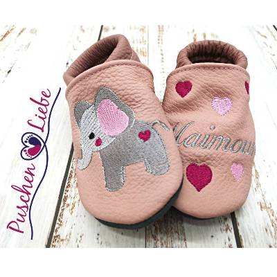 Bio Krabbelschuhe mit Namen für Baby und Kinder (Öko Lederpuschen) mit Elefant - personalisierte Lauflernschuhe