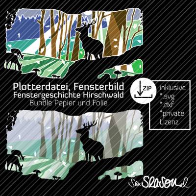 Bundle Plotterdatei Hirschwald, Fensterbild Hirsch im Herbstwald, Fenstergeschichte, Fensterdeko basteln
