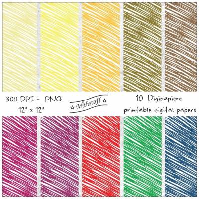 10 x Digital Paper - Digipapier -  doodle stripes - PNG - 12 Zoll - 300 DPI