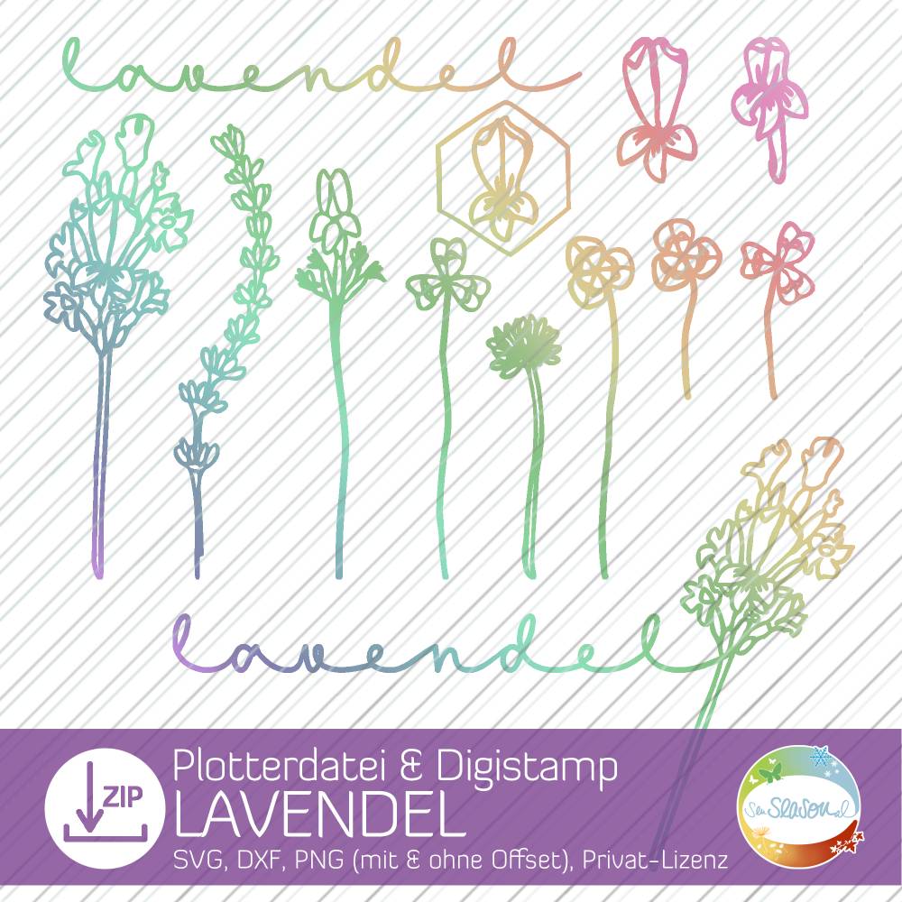 Plotterdatei Lavendel, Digistamp-Set mit Lavendelblüten und Kleeblättern, Plott-Datei sommerliche Blumenwiese Bild 1
