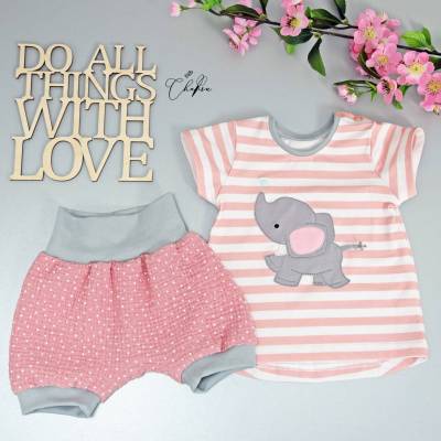Babyset Kurzarm Shirt & Pumphose, Musselin, Stickdatei Elefant, Mädchen, Rosa, Grau, Gr. 68, Einzelstück, Bekleidungsset
