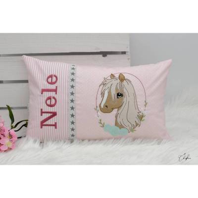 Kissen mit Name Stickdatei Pferd, Namenskissen, Kinderkissen, Geburtskissen, Kuschelkissen, Geschenk Geburt Schulanfang