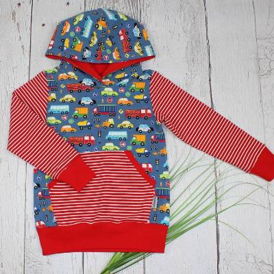 Autos Hoodie Pullover Kapuzenpullover mit Kängurutasche jeansblau rot weiß