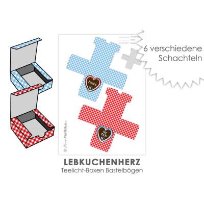 6 verschiedene Schachteln LEBKUCHENHERZ Box digital Teelicht-Botschaften Verpackung Selbstausdruck Basteln DIY 