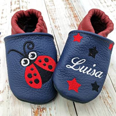Bio Krabbelschuhe mit Namen für Baby und Kinder (Öko Lederpuschen) mit Marienkäfer - personalisierte Lauflernschuhe