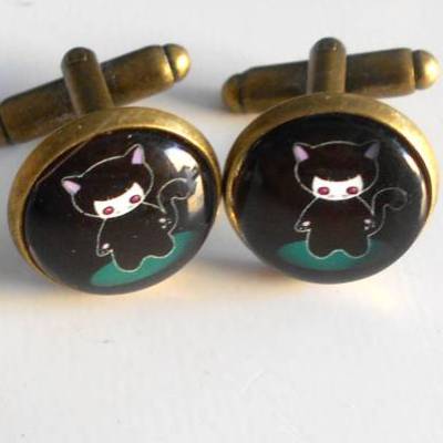 Bronze Teufel  Manschettenknöpfe  Rund Glas Cabochon verspielt