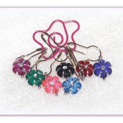 7 Maschenmarkierer Blumen mit Strassefffekt zum Öffnen, Maschnmarker, Strickmarker, Häkelhilfen