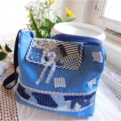 Einkaufstasche , blau weißer crazy Patchworkbeutel , Jeanstasche