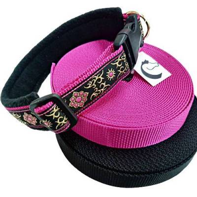 Hundehalsband Dornröschen 45-50 cm verstellbar mit Steckschließe Halsband schwarz pink verstellba