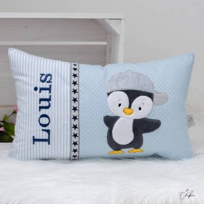 Kissen mit Name Stickdatei Pinguin, Namenskissen, Geburtskissen, Kuschelkissen, Junge, Geschenk Geburt Taufe Schulanfang