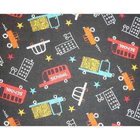 12,10 EUR/m Baumwollstoff Schulbus Schoolbus Schule bunt auf schwarz Webware 100% Baumwolle