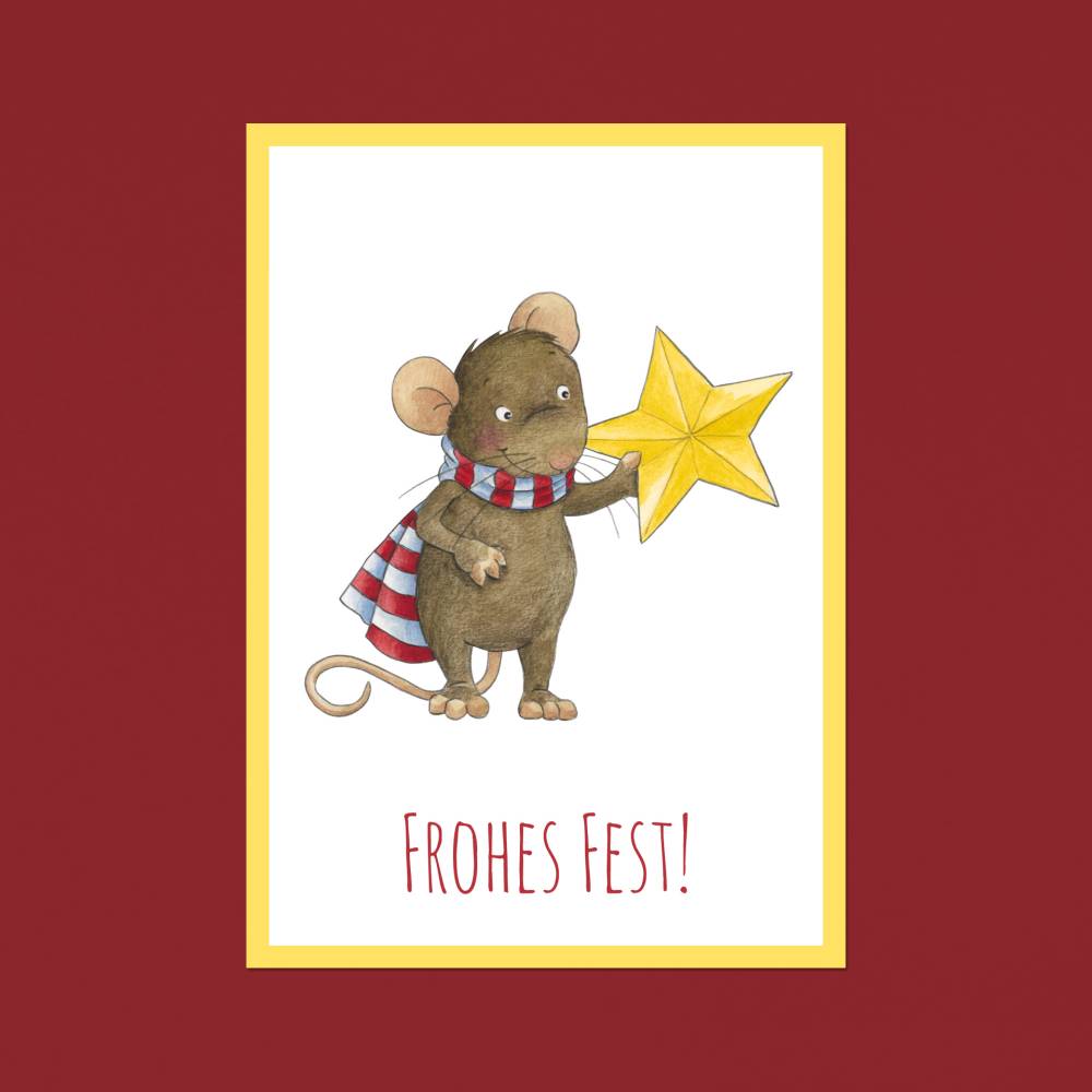 Weihnachtskarte: Frohes Fest, Grußkarte, Geschenkkarte, Maus · A6 · Aquarell, Buntstift, klimaneutraler Druck Bild 1