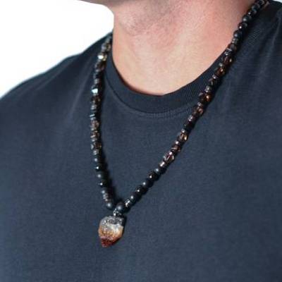 Herren Halskette aus Edelsteinen Rauchquarz Onyx Achat und Hämatit mit Rauchquarz -Anhänger, Länge 61 cm