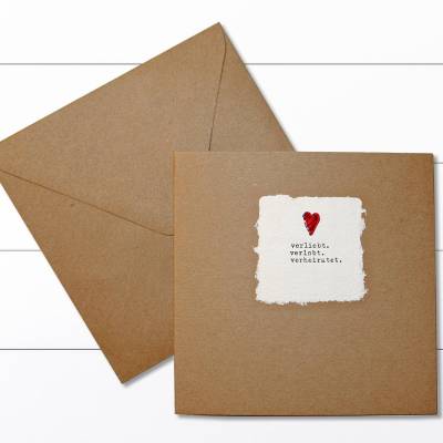 Grußkarte mit Umschlag - Kraftpapier + Einlegeblatt, handgeschöpftes kleines Papier mit Text "verliebt verlobt verhe