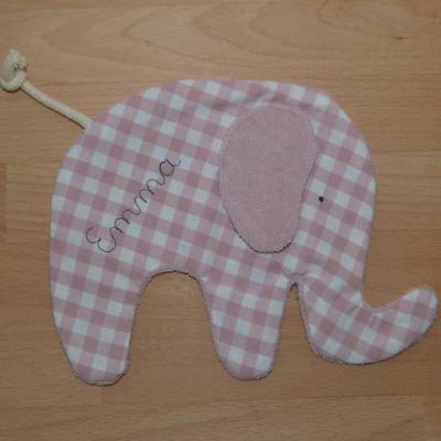 Schmusetuch, Fühltuch Elefant mit Name, 3 Farben, Biobaumwolle, Handarbeit 