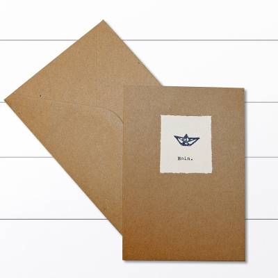 Grußkarte mit Umschlag - Kraftpapier + Einlegeblatt, handgeschöpftes kleines Papier mit Schreibmaschinentext "Moin.&