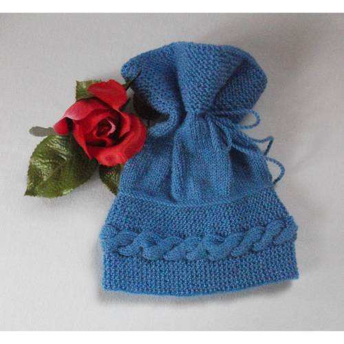 Babymütze gestrickt Zopfmuster KU 42-44cm – Handgemacht in Mittelblau