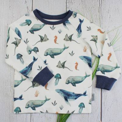 Meerestiere Langarmshirt Longsleeve Raglan T-Shirt wollweiß blau Kinderkleidung handmade 