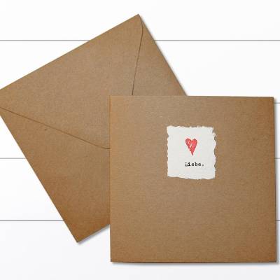 Grußkarte mit Umschlag - Kraftpapier + Einlegeblatt, handgeschöpftes kleines Papier mit Schreibmaschinentext "Liebe.