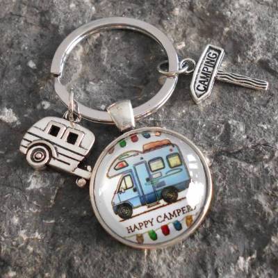 Camping, Zelten, Camper, Wohnwagen,  Cabochon Rund  Schlüsselanhänger
