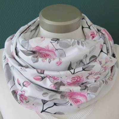 Damen Loop Schal Damen Jersey Rosen weiß Baumwolle Schlauchschal Baumwolljersey Loopschal